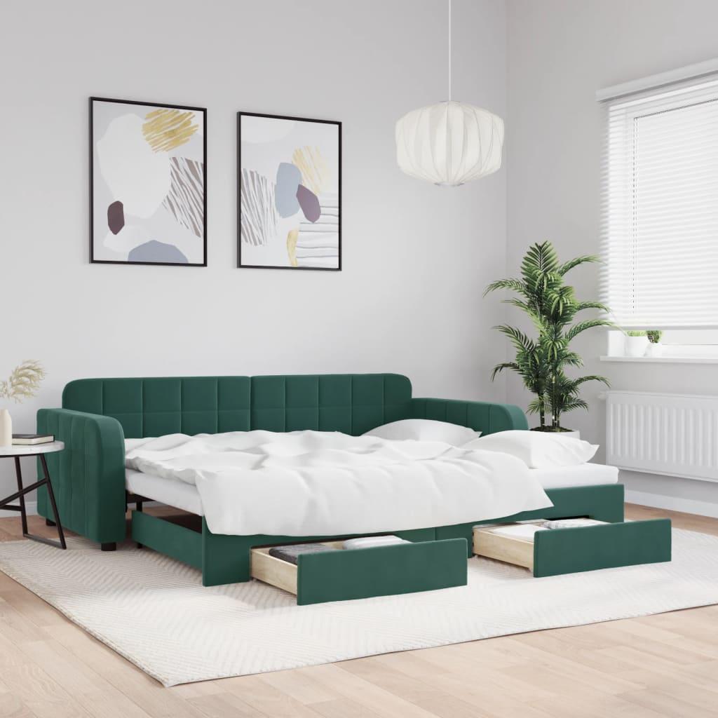 Daybed med udtræk og skuffer 90x200 cm velour mørkegrøn billede