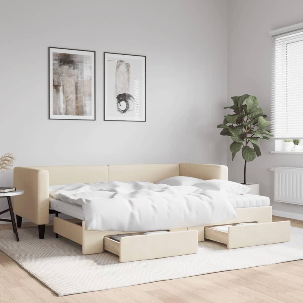 Daybed Stof Farvet Creme - med udtræk og skuffe og madras / 80 x 200 cm