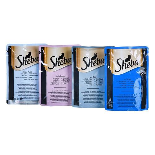 Kattemad Sheba Fine Flakes Laksefarvet Tun Fisk Torsk 80 x 85 g