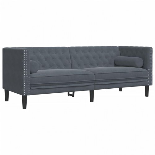 3-personers Chesterfield-sofa med bolsterpuder i mørkegrå velour