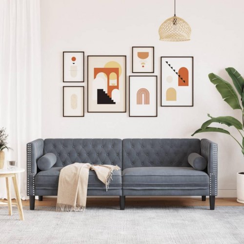 3-personers Chesterfield-sofa med bolsterpuder i mørkegrå velour