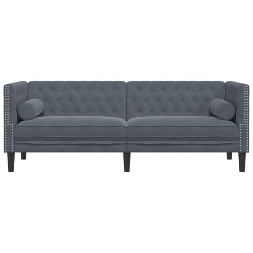 3-personers Chesterfield-sofa med bolsterpuder i mørkegrå velour