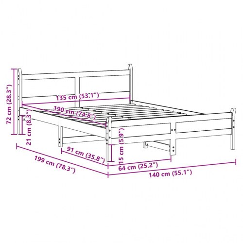 Sengeramme med sengegavl 135 x 190 cm massivt fyrretræ - gyldenbrun