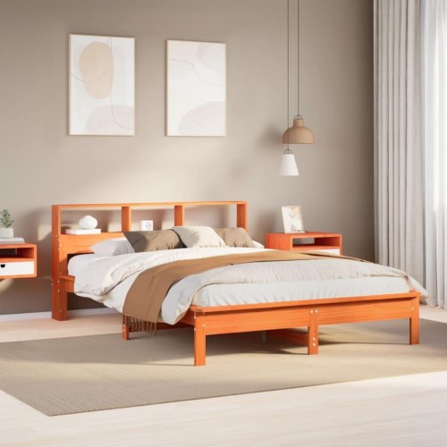 Sengeramme med reol 120 x 190 cm i massivt fyrretræ - gyldenbrun