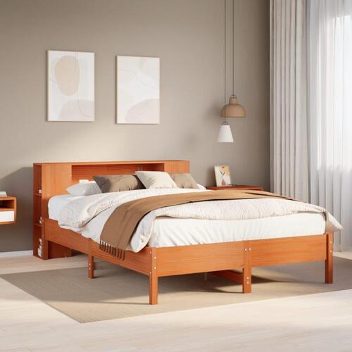 Seng med reol uden madras 135x190cm massivt fyrretræ gyldenbrun
