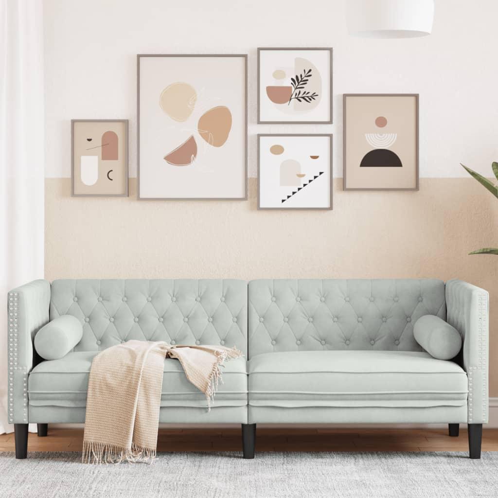 3 Personers Chesterfield Sofa Med Bolsterpuder Fløjl Lysegrå