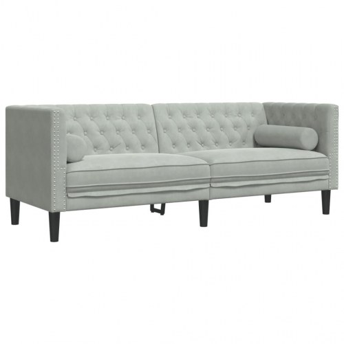 3-personers Chesterfield-sofa i velour med bolsterpuder - lysegrå
