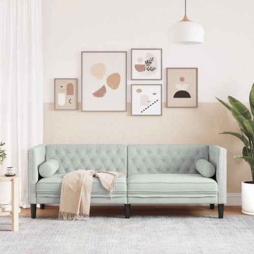 3-personers Chesterfield-sofa i velour med bolsterpuder - lysegrå