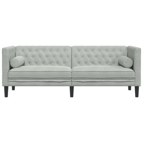 3-personers Chesterfield-sofa i velour med bolsterpuder - lysegrå