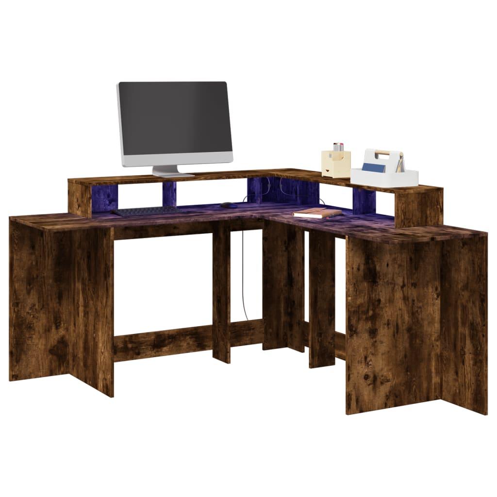Skrivebord Med Led Lys 152x152x91 Cm Konstrueret Træ Røget Eg