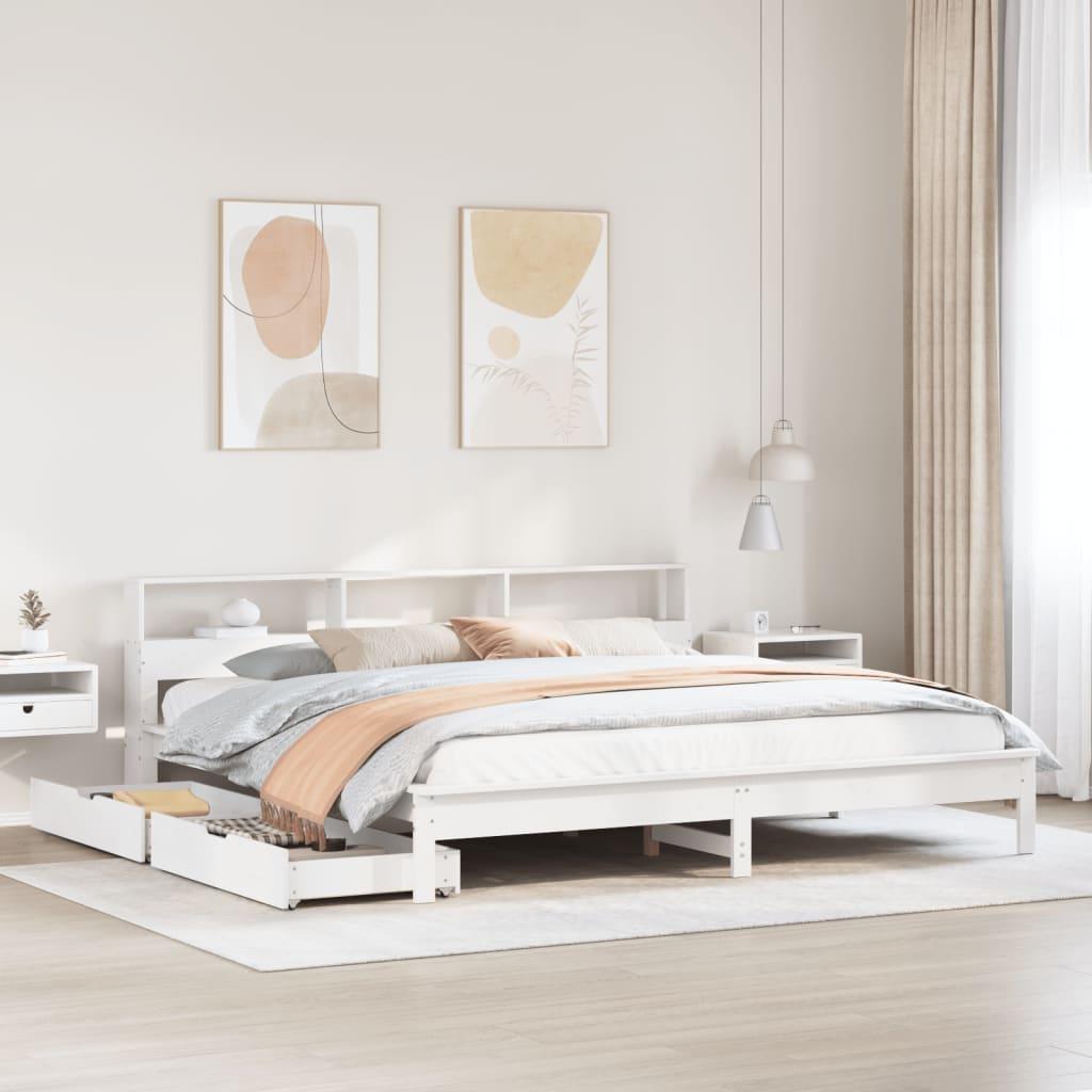 Seng med reol og skuffer 200x200 cm - massivt fyrretræ, hvid