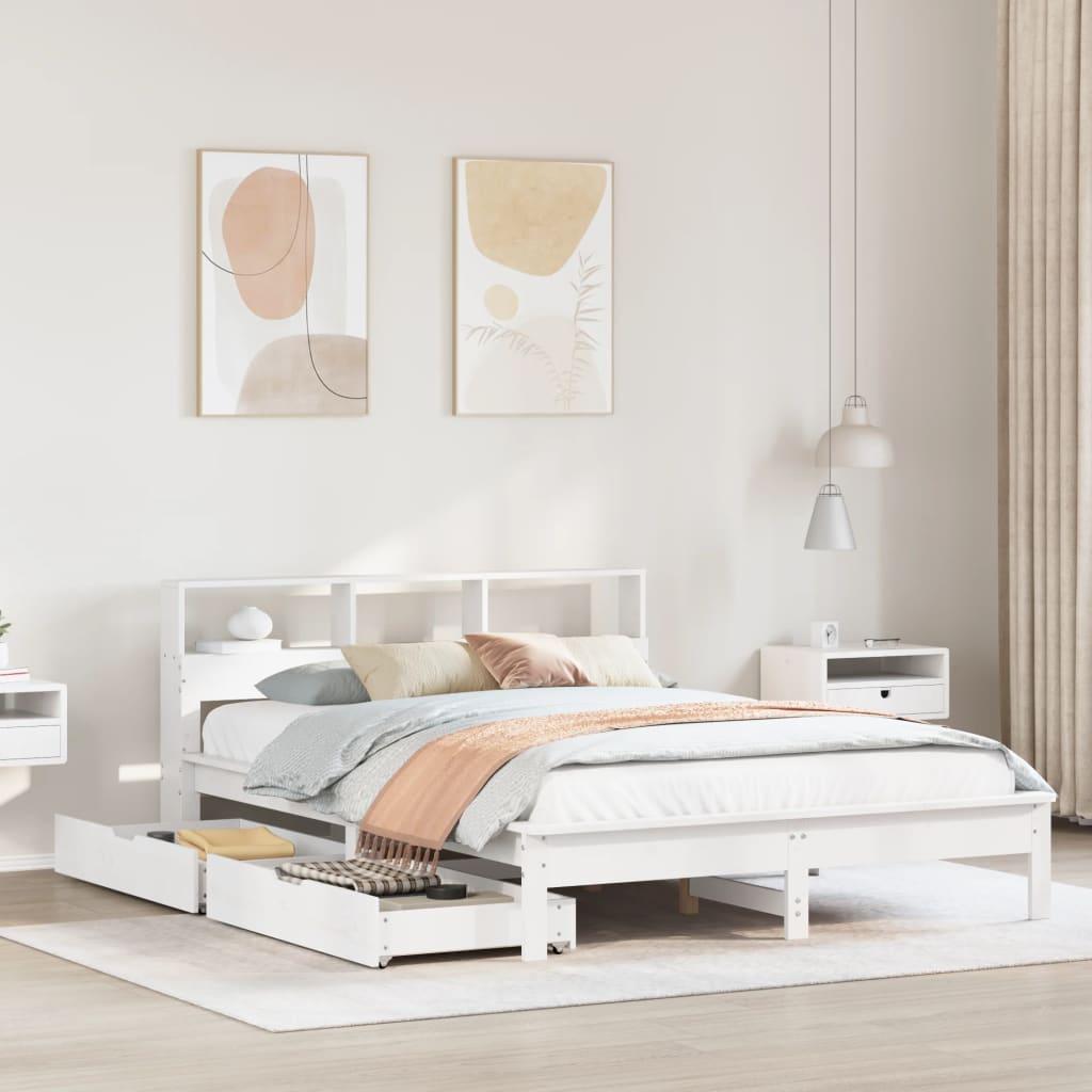 Seng med reol og 2 skuffer 140x190 cm - massivt fyrretræ, hvid