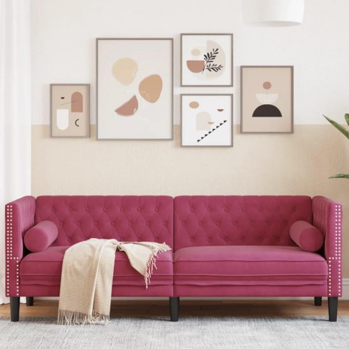 3-personers Chesterfield-sofa i velour med bolsterpuder - vinrød