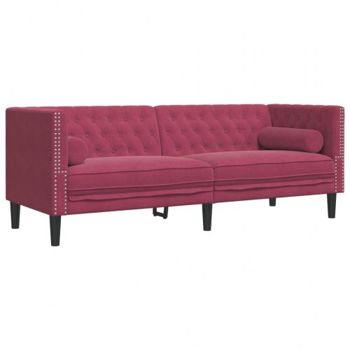 3-personers Chesterfield-sofa i velour med bolsterpuder - vinrød