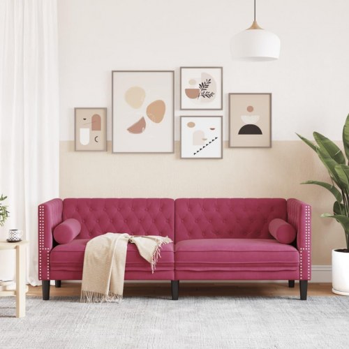 3-personers Chesterfield-sofa i velour med bolsterpuder - vinrød
