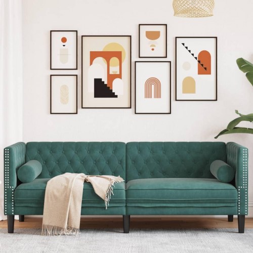 3-personers Chesterfield-sofa i fløjl med bolsterpuder - mørkegrøn