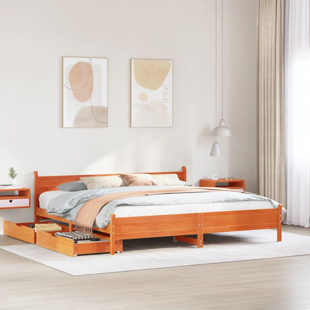 Sengeramme 200x200 cm i massivt fyrretræ - gyldenbrun med 2 skuffer