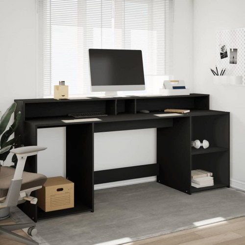 Skrivebord med LED-lys 200x55x91 cm konstrueret træ sort