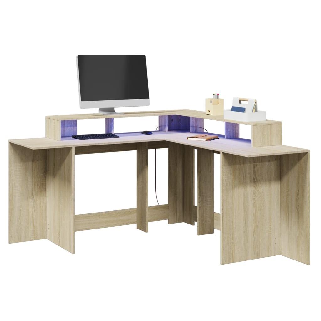 Skrivebord Med Led Lys 152x152x91 Cm Konstrueret Træ Sonoma Eg