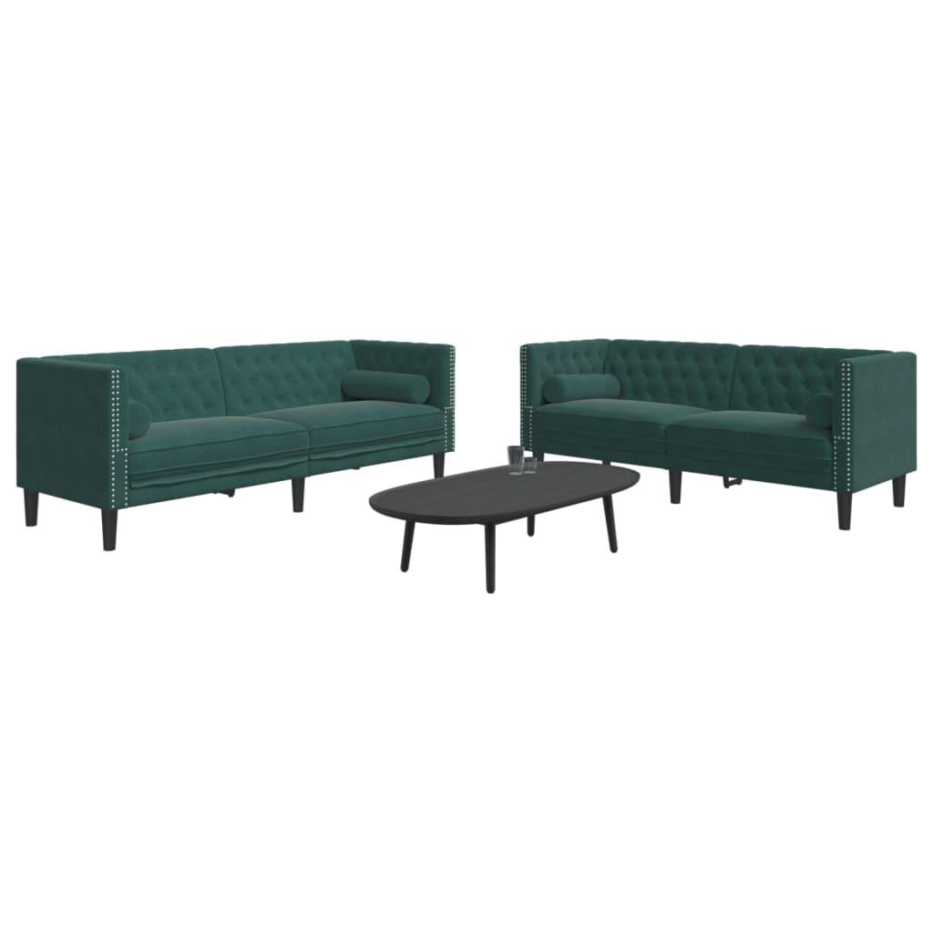 2 Personers Chesterfield Sofasæt Med Puder Fløjl Mørkegrøn