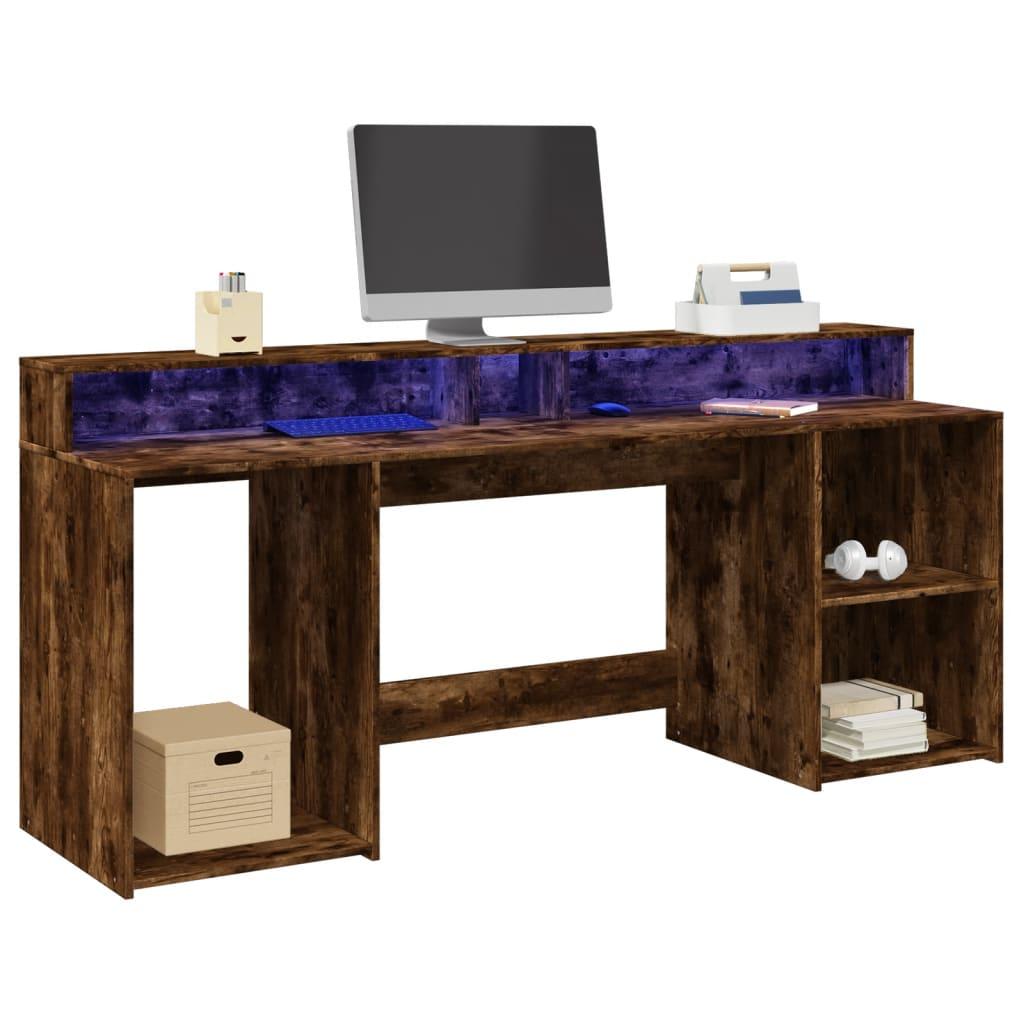 Skrivebord Med Led Lys 200x55x91 Cm Konstrueret Træ Røget Eg