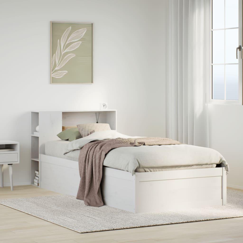 Sengeramme 75x190 cm i massivt fyrretræ - hvid med opbevaringshovedgærde