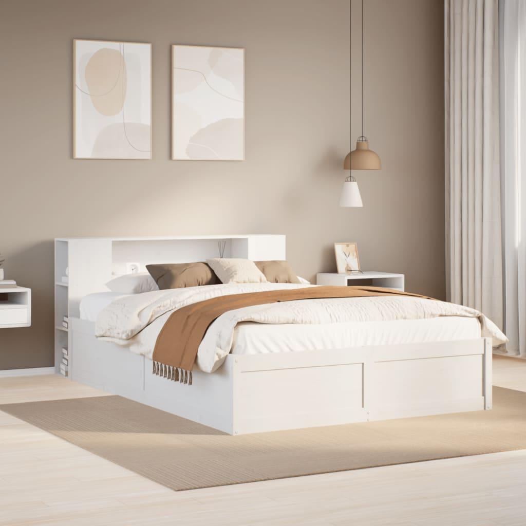 Sengeramme 140x190 cm med opbevaringshovedgærde - massivt fyrretræ, hvid