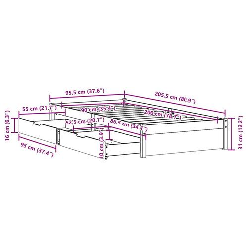 Sengeramme uden madras 90x200 cm massivt fyrretræ