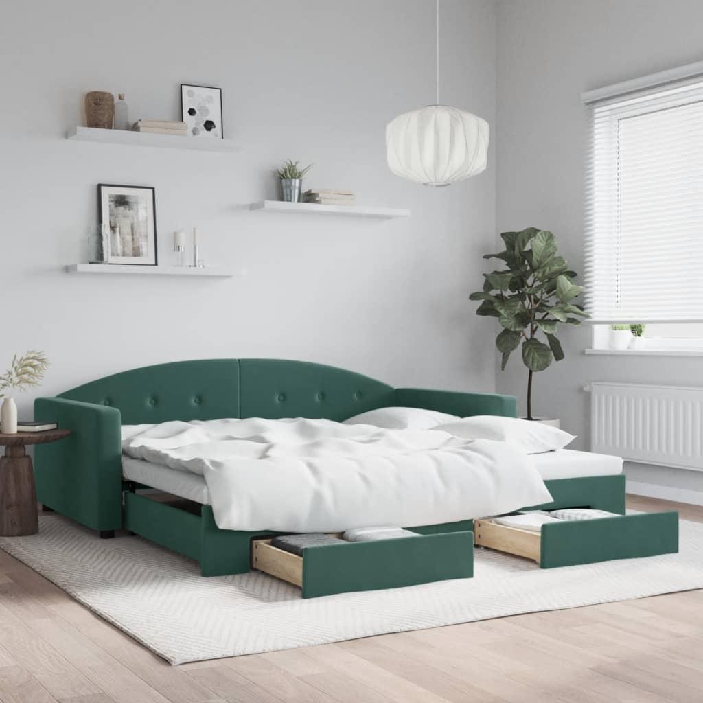 Daybed med udtræk og skuffer 100x200 cm velour mørkegrøn billede