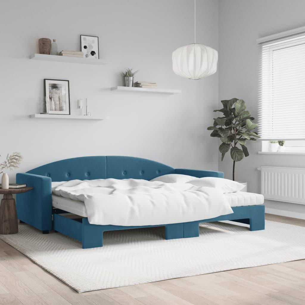 Daybed Velour Blå - med udtræk og madras / 90 x 200 cm