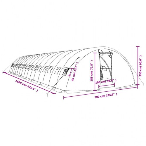 Drivhus med stålstel 80 m² 16 x 5 x 2,3 m hvid