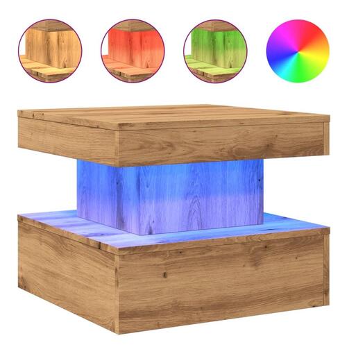 Sofabord med LED-lys 50x50x40 cm egetræsfarve