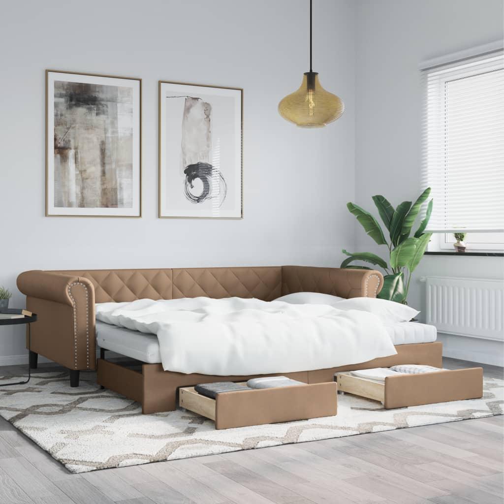 Daybed Kunstlæder Farvet - Cappuccino / med udtræk og skuffe og madras / 90 x 200 cm