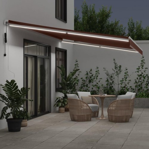 Markise med LED-lys 600 × 350 cm - automatisk betjening, brun