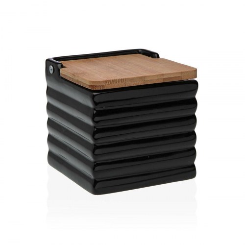 Versa saltkar med låg - stribet sort keramik og bambus, 11 × 11 × 11 cm