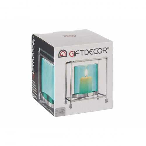 Lysestage - blå glas, sølv metal, firkantet 11,5 × 12,6 × 11,5 cm