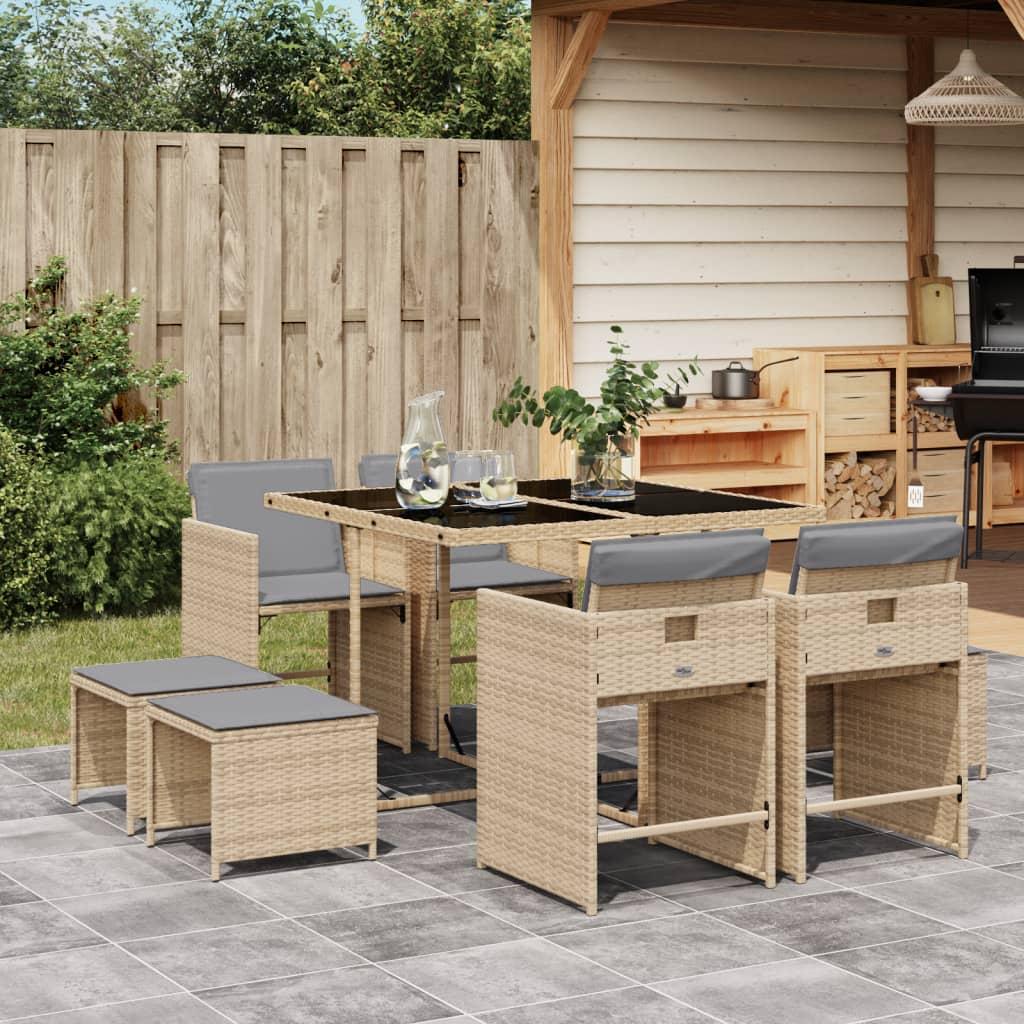 Spisebordssæt Til Haven 15 Dele Med Hynder Polyrattan - 8 / Blandet beige / Glas