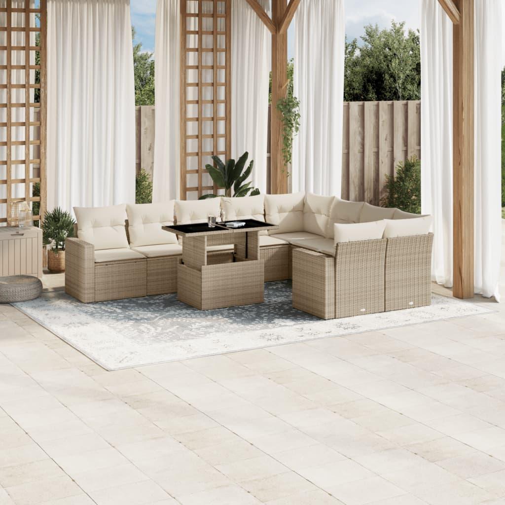 Havesofasæt 10 dele med hynder og hæve-sænke bord i polyrattan beige