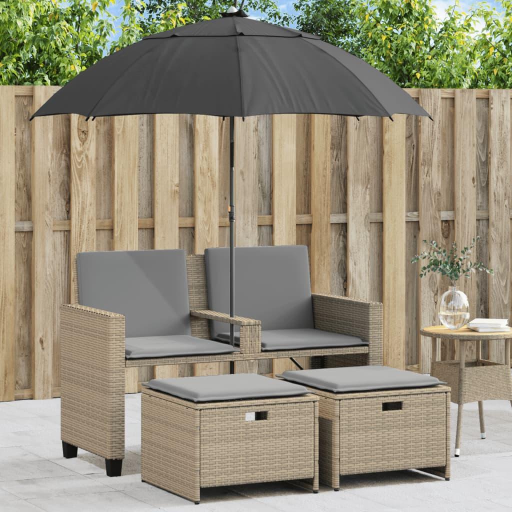 2-Personers Havesofa Med Parasol Og Skamler Polyrattan Sort - beige og grå
