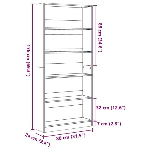 Bogreol 80x24x176 cm konstrueret træ hvid