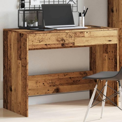Skrivebord 101×50×76,5 cm i konstrueret træ - antikt trælook, med 2 skuffer