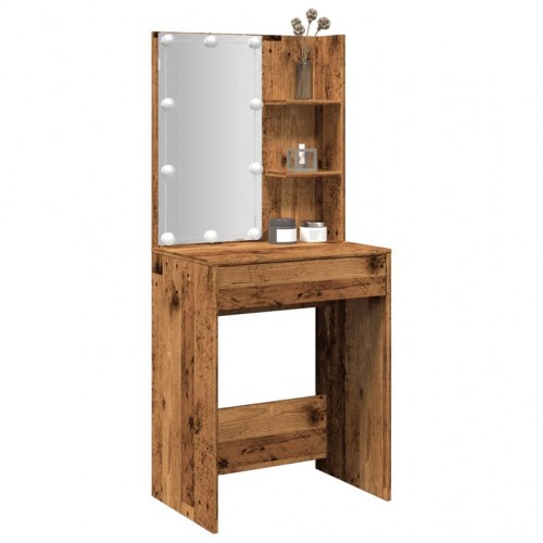 Makeupbord med LED-lys - 60×40×140 cm, antikt trælook