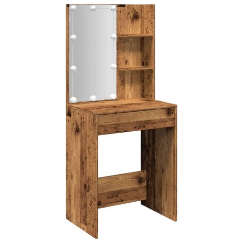 Makeupbord med LED-lys - 60×40×140 cm, antikt trælook