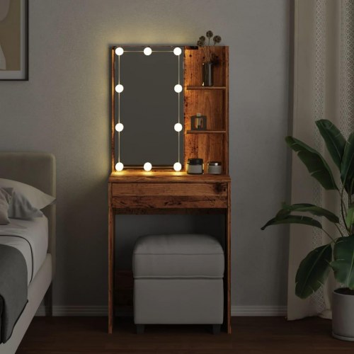 Makeupbord med LED-lys - 60×40×140 cm, antikt trælook