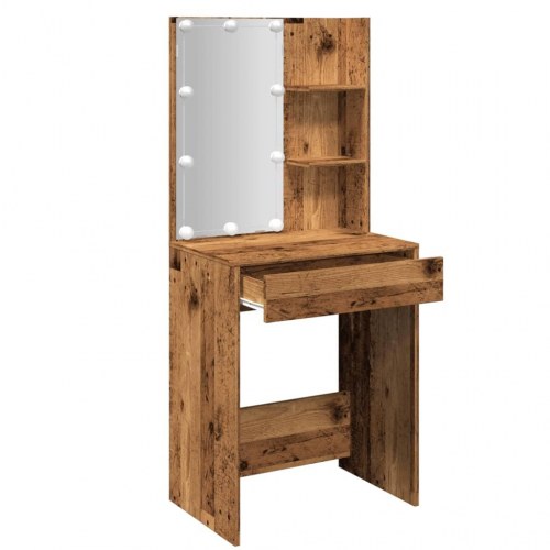 Makeupbord med LED-lys - 60×40×140 cm, antikt trælook