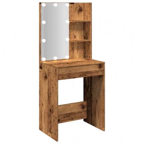 Makeupbord med LED-lys - 60×40×140 cm, antikt trælook