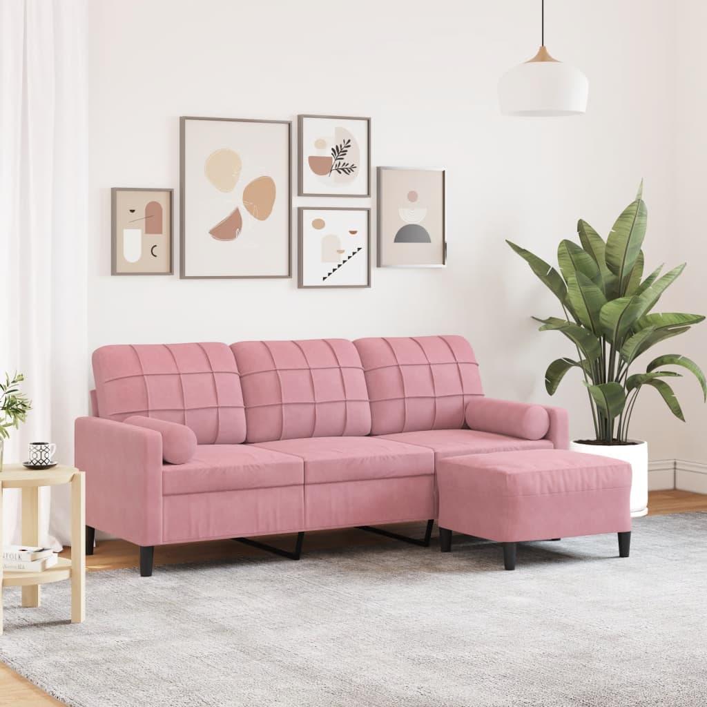 3-Personers Sofa Med Fodskammel Velour - 180 cm / Lyserød