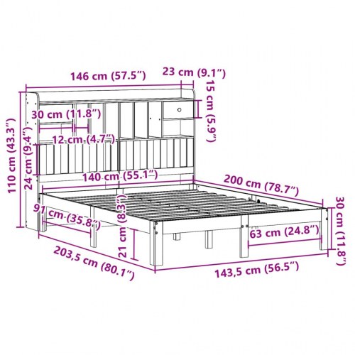 Seng med reol 140x200 cm i massivt fyrretræ - uden madras