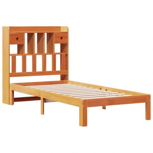 Seng med reol uden madras 100×200 cm - massivt fyrretræ, gyldenbrun