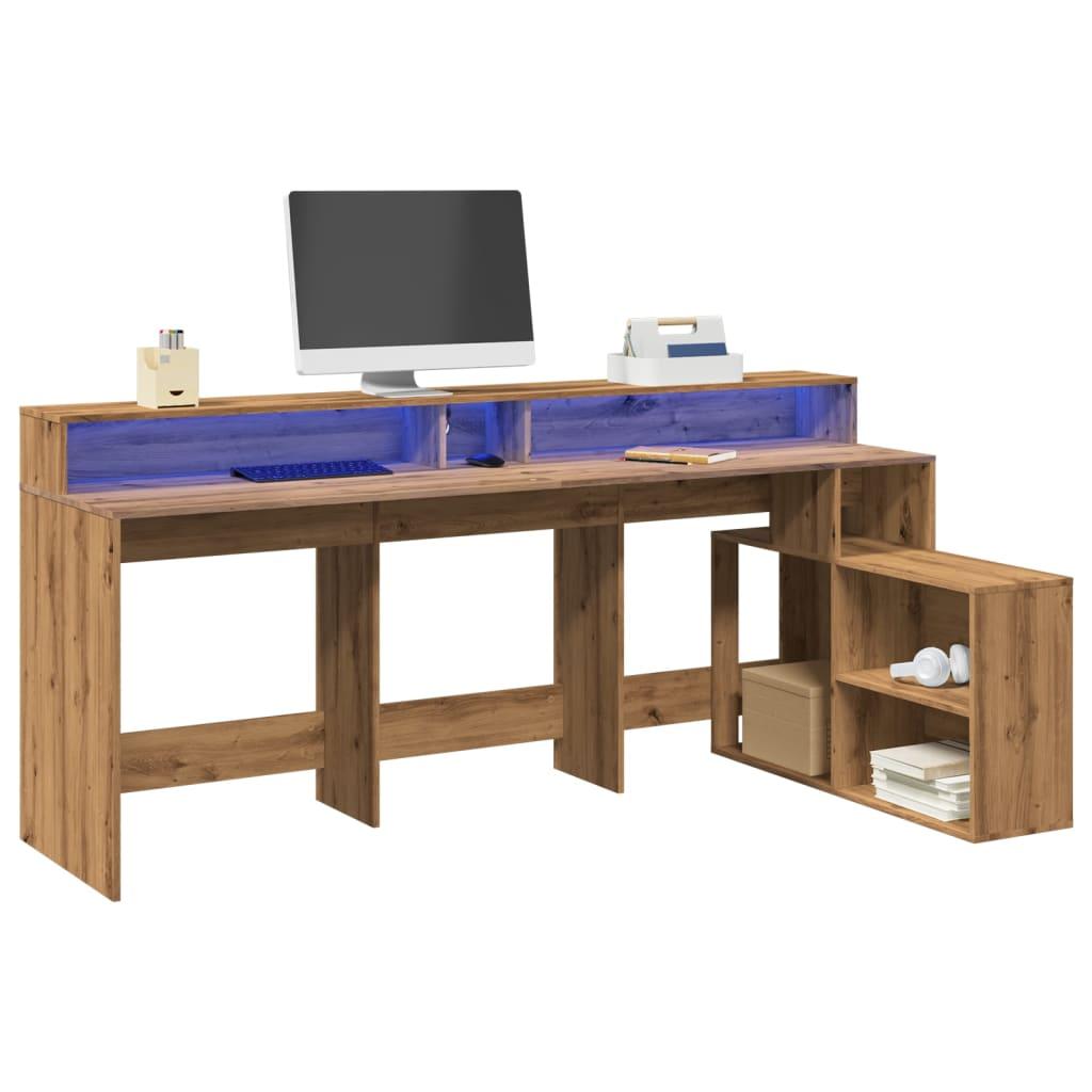 Skrivebord Med Led Lys 200x104x91 Cm Konstrueret Træ Gammelt Eg